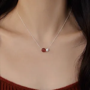 S925 sterling silver red agate bead pendant necklace delicate minimalist clavicle chain