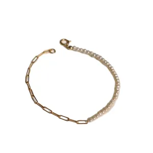 Half chain half pearl bracelet gold plated paperclip chain freshwater pearl minimalist jewelry for women