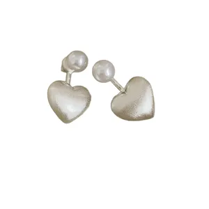 S925 silver brushed heart pearl earrings, two-way wear delicate luxury chic jewelry for women.