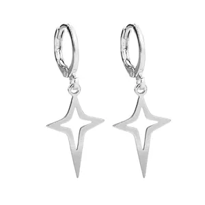 Silver hollow four-pointed star hoop earrings, sweet cool style, trendy daily jewelry.