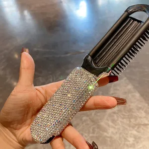 Portable folding hair brush with sparkling rhinestones bling handle for women daily carry.