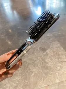 Portable mini folding rhinestone hair brush with mirror, 2-in-1 compact cosmetic pocket comb.