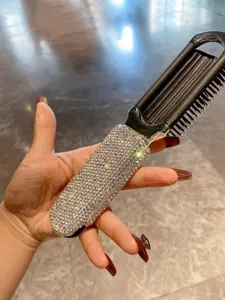 Portable mini folding rhinestone hair brush with mirror for daily travel use design