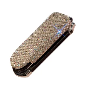 Portable rhinestone folding hair brush with mirror, compact travel dual use pocket comb for women.