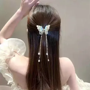 Exquisite butterfly pearl tassel hair claw clip for elegant half-up hairstyles and daily wear.