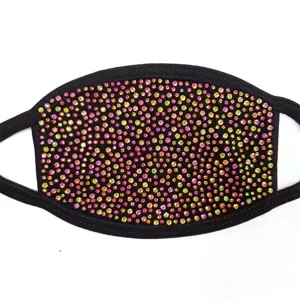 Black cotton face mask featuring colorful sparkling hotfix rhinestones, trendy fashion design.