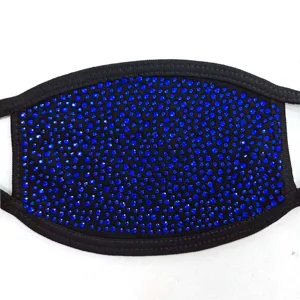 Black cotton face mask decorated with sparkling blue rhinestones for stylish daily wear.