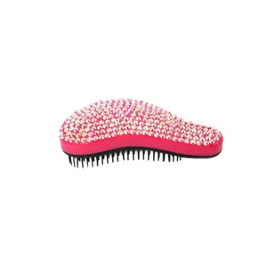 Cepillo de pelo desenredante en forma de s con pedreria brillante, herramienta rosa anti-nudos.
