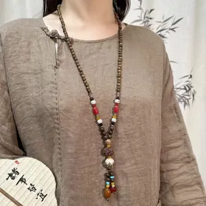 Etnische Stijl Houten Kralen Ketting Lange Trui Ketting Met Lotus Hanger Vintage Handgemaakte Boho Sieraden Voor Dames Heren Accessoire