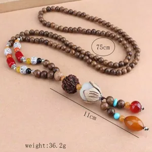 Etnische stijl lange houten kralen trui ketting ketting met lotus hanger en kralen.