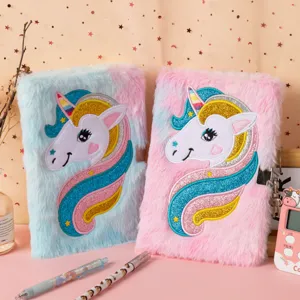 Adorable unicorn plush notebook with lock for kids and girls, fuzzy diary with soft cover.
