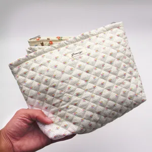 Quilted floral bear makeup bag detail shot, showing large capacity and soft fabric texture.