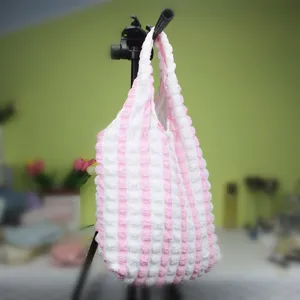 Sac cabas plissé rose et blanc sac bandoulière en tricot gaufré sac à main décontracté