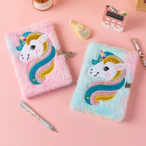 Cute plush unicorn diary notebook with lock for kids, fluffy fluffy cute stationery gift book