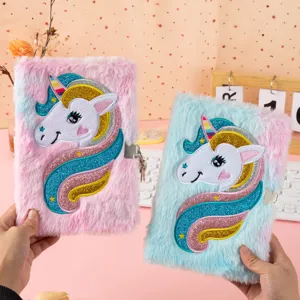Cute Unicorn Plush Notebook Fluffy Diary Writing Pad With Metal Lock For Kids School Students Gift