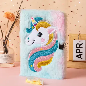 Cute fluffy unicorn diary notebook with lock for kids girls soft plush journal detail display