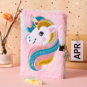 Cute plush unicorn locked notebook detail, fluffy diary with embroidery and lock.