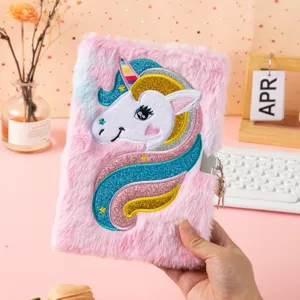Cute unicorn plush diary with lock, detailed view of soft furry cover and embroidered design.
