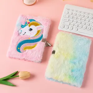 Cute fluffy unicorn notebook with lock, plush diary for kids, school students gift.