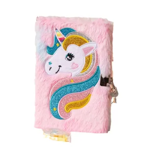 Cute plush unicorn notebook with lock, fluffy diary for kids and cute students daily gift.