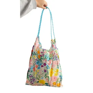 Korean style floral canvas tote bag summer large capacity casual shoulder shopping bag.