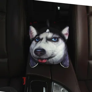 Detailed close-up shot of the adorable 3D husky dog plush tissue box inside the car console.