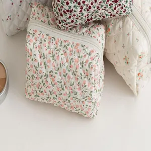Floral quilted cosmetic bag set, portable zipper storage pouch for makeup and toiletries.