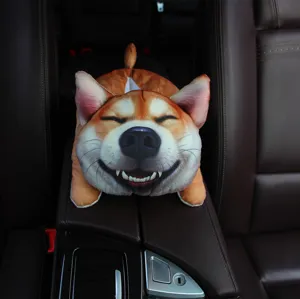 Cute 3D shiba inu dog plush car tissue box armrest cover interior accessory detail shot