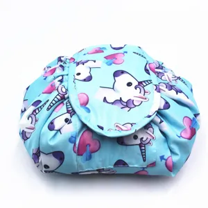 Sac de maquillage cordon motif licorne bleu, grande capacité pochette de rangement voyage