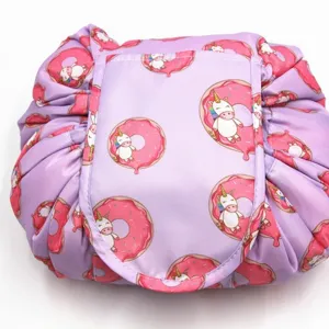 Sac cosmetique cordon licorne donut violet, grande capacite organiseur de maquillage.
