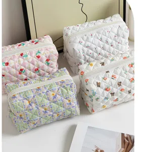 Quilted cosmetic bag detail view, floral travel toiletry pouch and makeup storage organizer