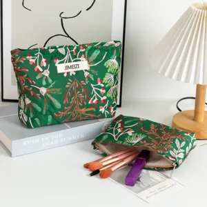 Green floral cosmetic bag portable travel makeup pouch toiletries storage organizer chic daily use