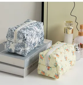 Detail view of quilted floral cosmetic bags set, travel portable storage pouch and toiletry organizer.