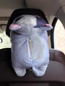 Cute 3D cartoon animal car tissue box plush hanging napkin holder for automotive interior use.