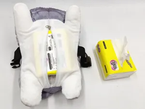 Detailed view of the plush car tissue box showing zipper opening and elastic straps.