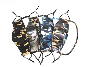 Reusable camouflage dust mask with clear eye shield and breathing valve for detail view