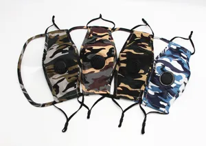 Camouflage dust mask with breathing valve and clear eye shield cotton reusable protective face mask.