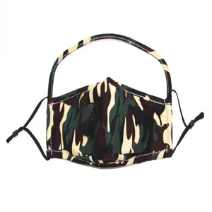 Camouflage dust mask detail with breathing valve and integrated eye protection visor shield.