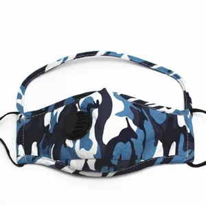 Blue camouflage cloth face mask with breathing valve and integrated eye shield strap.