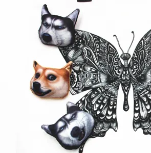 Original 3D cartoon dog head plush brooch and butterfly wing canvas bag accessory.