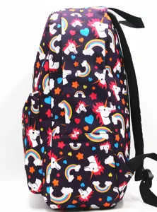 Detailed side view of the purple unicorn backpack featuring colorful rainbow and star print patterns.