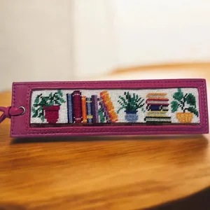 PU leather cross stitch bookmark handmade embroidery flower shelf design DIY craft detail shot