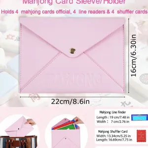 Pink PU leather mahjong card sleeve holder, portable envelope case for game accessories.