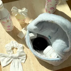 Soft towel fabric cosmetic bag, large capacity portable toiletry storage pouch for daily use.