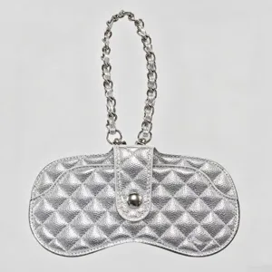 Silver quilted leather glasses case with chain handle portable sunglasses pouch cover