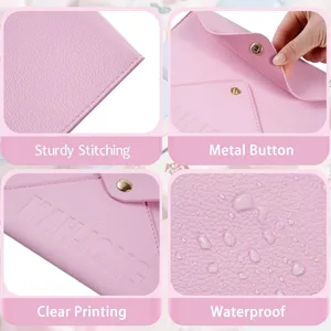 Pink PU leather mahjong storage bag detail view, sturdy stitching, waterproof surface.