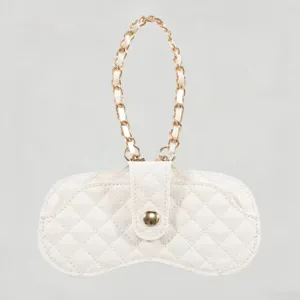 White quilted leather glasses case with gold chain strap, portable sunglasses storage bag.