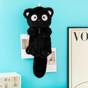 Cute black cat plush pencil case, soft fuzzy multi-functional stationery storage bag detail.