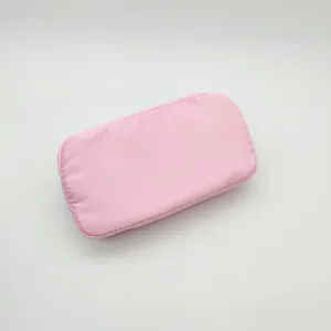 Pink nylon cosmetic bag, large capacity travel storage pouch, portable daily makeup organizer.