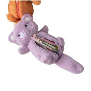 Cute plush pencil case with big eyes cartoon cat design, soft furry stationery storage bag.